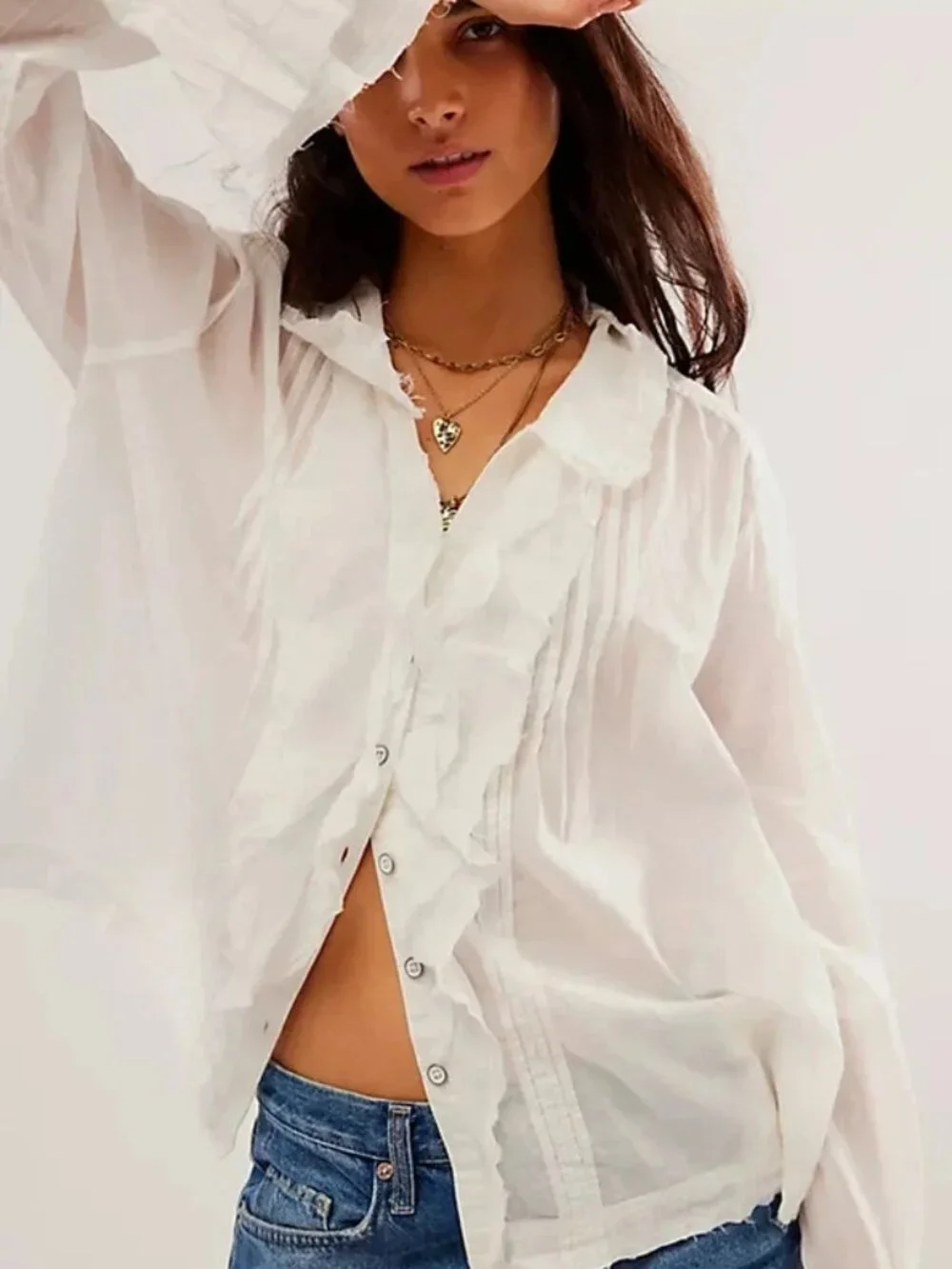 Free People We The Free Savannah Ruffle Buttondown Top Bell Sleeve Top Ivory S